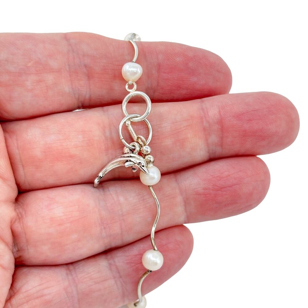 Vintage Sterling Silver 925 Pearl Dolphin Charm Bracelet 7.5"